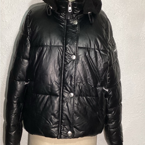 CALVIN KLEIN faux leather womens puffer black jacket size medium - Picture 5 of 14